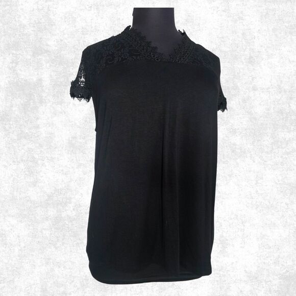 INC Black Lace Yoke Blouse Plus Size 3X Short Sleeve Gothic Romantic Top - Picture 1 of 7